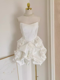 A line Sweetheart White Satin Holiday Dresses Short Birthday Dress Pleated Three-dimensional Flowers SD166