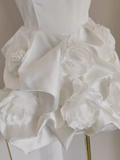 A line Sweetheart White Satin Holiday Dresses Short Birthday Dress Pleated Three-dimensional Flowers SD166