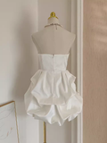 A line Sweetheart White Satin Holiday Dresses Short Birthday Dress Pleated Three-dimensional Flowers SD166
