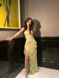 Mermaid Straps Floor Length Slit Yellow Evening Dress Prom Dresses SD1703