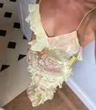 Mermaid Spaghetti Straps Floor Length Floral Yellow Chiffon Evening Dress Lace Prom Dresses SD1707 HZ0628