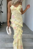 Mermaid Spaghetti Straps Floor Length Floral Yellow Chiffon Evening Dress Lace Prom Dresses SD1707 HZ0628
