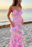 Mermaid Spaghetti Straps Floor Length Floral Pink Chiffon Evening Dress Lace Prom Dresses S1707 HZ0628