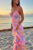 Mermaid Spaghetti Straps Floor Length Floral Pink Chiffon Evening Dress Lace Prom Dresses S1707 HZ0628