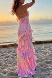 Mermaid Spaghetti Straps Floor Length Floral Pink Chiffon Evening Dress Lace Prom Dresses S1707 HZ0628