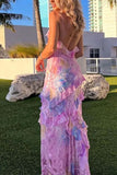 Mermaid Spaghetti Straps Floor Length Floral Pink Chiffon Evening Dress Lace Prom Dresses S1707 HZ0628