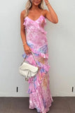 Mermaid Spaghetti Straps Floor Length Floral Pink Chiffon Evening Dress Lace Prom Dresses S1707 HZ0628