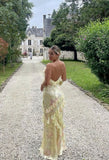 Mermaid Spaghetti Straps Floor Length Floral Yellow Chiffon Evening Dress Lace Prom Dresses SD1707 HZ0628