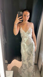 Mermaid Spaghetti Straps Floor Length Silver Satin Evening Dress Prom Dresses SD1709