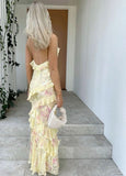 Mermaid Spaghetti Straps Floor Length Floral Yellow Chiffon Evening Dress Lace Prom Dresses SD1707 HZ0628