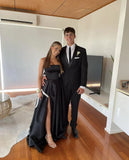 A Line Strapless Black Satin Evening Dress With Split Prom Dresses SD1715 HZ0628
