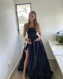 A Line Strapless Black Satin Evening Dress With Split Prom Dresses SD1715 HZ0628
