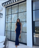 Sheath High Neckline Navy Blue Satin Evening Dress Prom Dresses SD1720