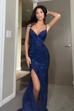 Sheath Spaghetti Straps Royal Blue Slit Long Evening Dress Prom Dresses SD1725 HZ0628