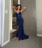 Sheath Spaghetti Straps Royal Blue Slit Long Evening Dress Prom Dresses SD1725 HZ0628