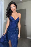 Sheath Spaghetti Straps Royal Blue Slit Long Evening Dress Prom Dresses SD1725 HZ0628