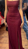 Sheath Spaghetti Straps Burgundy Slit Long Evening Dress Prom Dresses SD1731 HZ0628