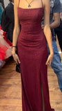 Sheath Spaghetti Straps Burgundy Slit Long Evening Dress Prom Dresses SD1731 HZ0628