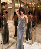 Satin Mermaid Long Party Dress Graduation Gown Gray Prom Dress Evening Dress SD1735