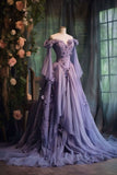 Ball Gown Off The Shoulder Lilac Tulle Flowers Evening Dress Prom Dresses SD1739 HZ0628