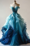 Light Off The Shoulder Tulle Blue Party Dress Prom Dress Evening Dress SD1755 HZ0628