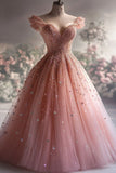 Ball Gown Off The Shoulder Pink Tulle Party Dress Long Prom Dress Evening Dresses SD1768 HZ0628