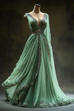 Ball Gown V Neckline Green Tulle Party Dress Long Prom Dresses Evening Dresses SD1787