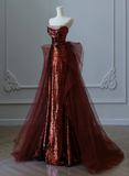 Mermaid Strapless Burgundy Floor Length Evening Dress Sequin Prom Dresses SD1798