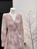 A line V-neck Ruffled Floral Short Women's Long Sleeve One-Piece Women Dresses SD179
