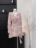 A line V-neck Ruffled Floral Short Women's Long Sleeve One-Piece Women Dresses SD179