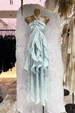 A line Halter Ruffled Floral Blue Summer Holiday Dress Women's Long Vacation Dresses S180
