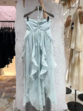 A line Halter Ruffled Floral Blue Summer Holiday Dress Women's Long Vacation Dresses S180