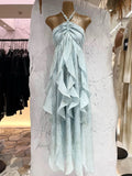 A line Halter Ruffled Floral Blue Summer Holiday Dress Women's Long Vacation Dresses S180