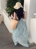 A line Halter Ruffled Floral Blue Summer Holiday Dress Women's Long Vacation Dresses S180