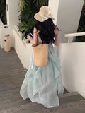 A line Halter Ruffled Floral Blue Summer Holiday Dress Women's Long Vacation Dresses S180