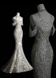 Mermaid Off The Shoulder Silver Sequin Long Party Dress Prom Dresses SD1814 HZ0628