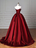 Ball Gown Strapless Burgundy Satin Long Evening Gowns Prom Dresses SD1823