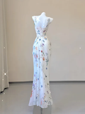 Mermaid Straps Chiffon Floral Evening Gowns Long Prom Dresses SD1825 HZ0628