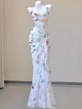Mermaid Straps Chiffon Floral Evening Gowns Long Prom Dresses SD1825 HZ0628