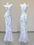 Mermaid Straps Chiffon Floral Evening Gowns Long Prom Dresses SD1825 HZ0628