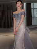 Mermaid Off The Shoulder Blue Sequin Long Party Dress Prom Dresses SD1826