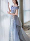 Mermaid Off The Shoulder Blue Sequin Long Party Dress Prom Dresses SD1826