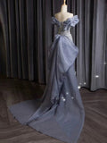 Mermaid Off The Shoulder Blue Sequin Long Party Dress Prom Dresses SD1826