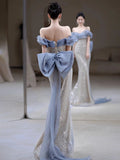 Mermaid Off The Shoulder Blue Sequin Long Party Dress Prom Dresses SD1826