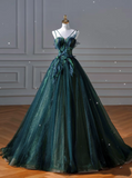Ball Gown Strapless Green Tulle Long Evening Gowns Prom Dresses SD1830 HZ0628