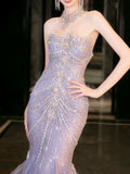 Mermaid High Neckline Tulle Lilac Beads Long Party Dress Prom Dresses SD1839
