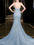 Mermaid High Neckline Tulle Blue Beads Long Party Dress Prom Dresses SD1838