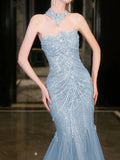 Mermaid High Neckline Tulle Blue Beads Long Party Dress Prom Dresses SD1838