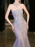Mermaid High Neckline Tulle Lilac Beads Long Party Dress Prom Dresses SD1839