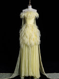 A line Off The Shoulder Yellow Chiffon Party Dress Long Prom Dress Evening Dresses SD1840 HZ0628
